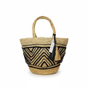Chico’s Pom Pom Jute Tote Bag Embellished Straw Bucket Bag Boho Resort Aztec